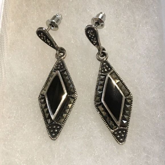 Sterling Silver Marcasite Onyx Drop VTG Earrings - Picture 13 of 14